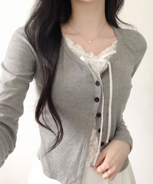 VIVID LADY(ビビッドレディー)の「レースキャミドッキング リブトップス(Tシャツ/カットソー・レディース・グレー/ブラック/ホワイト・FREE)」の7枚目の写真