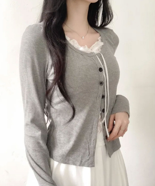VIVID LADY(ビビッドレディー)の「レースキャミドッキング リブトップス(Tシャツ/カットソー・レディース・グレー/ブラック/ホワイト・FREE)」の8枚目の写真
