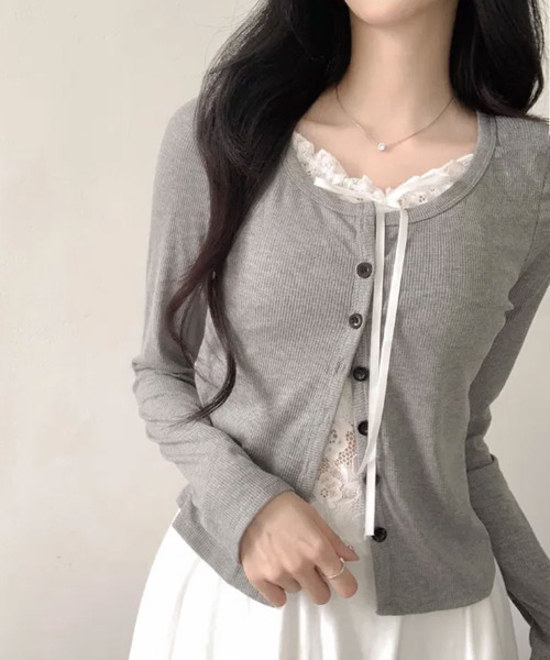 VIVID LADY(ビビッドレディー)の「レースキャミドッキング リブトップス(Tシャツ/カットソー・レディース・グレー/ブラック/ホワイト・FREE)」の10枚目の写真