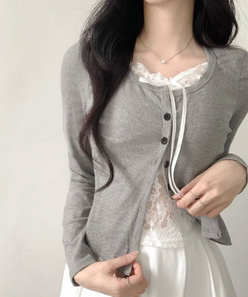 VIVID LADY(ビビッドレディー)の「レースキャミドッキング リブトップス(Tシャツ/カットソー・レディース・グレー/ブラック/ホワイト・FREE)」の11枚目の写真