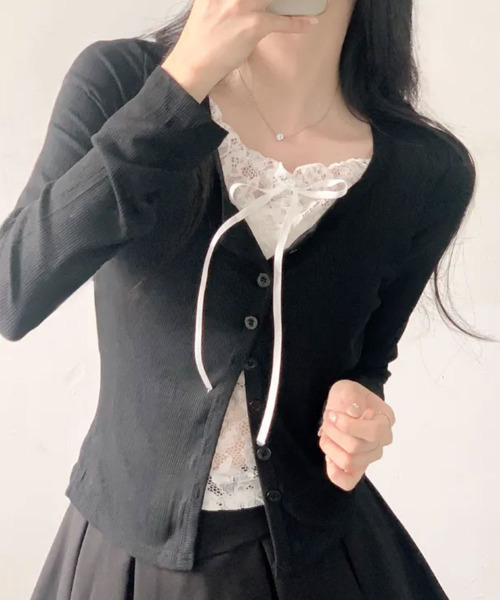 VIVID LADY(ビビッドレディー)の「レースキャミドッキング リブトップス(Tシャツ/カットソー・レディース・グレー/ブラック/ホワイト・FREE)」の12枚目の写真