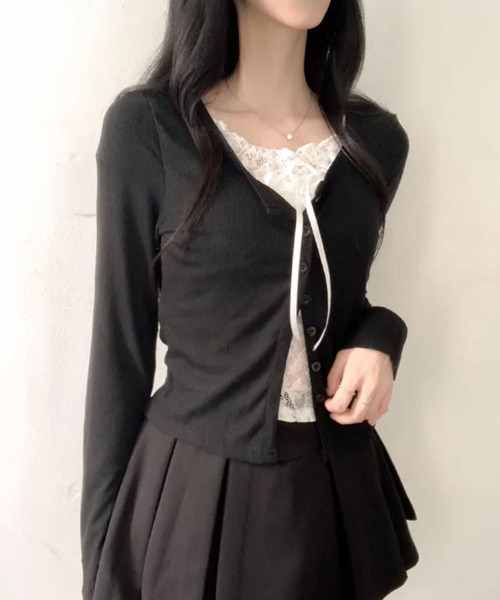 VIVID LADY(ビビッドレディー)の「レースキャミドッキング リブトップス(Tシャツ/カットソー・レディース・グレー/ブラック/ホワイト・FREE)」の14枚目の写真