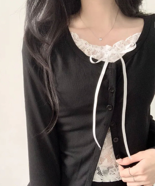 VIVID LADY(ビビッドレディー)の「レースキャミドッキング リブトップス(Tシャツ/カットソー・レディース・グレー/ブラック/ホワイト・FREE)」の16枚目の写真