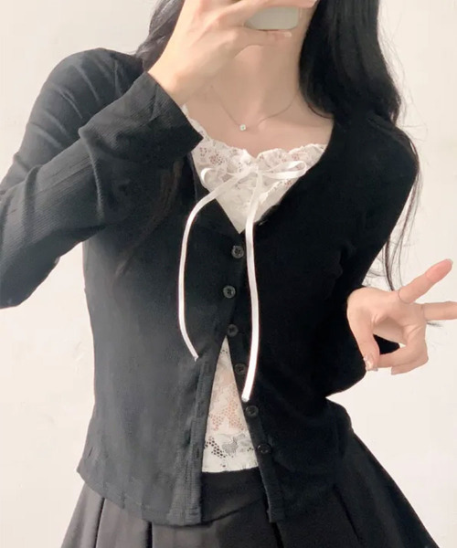 VIVID LADY(ビビッドレディー)の「レースキャミドッキング リブトップス(Tシャツ/カットソー・レディース・グレー/ブラック/ホワイト・FREE)」の13枚目の写真
