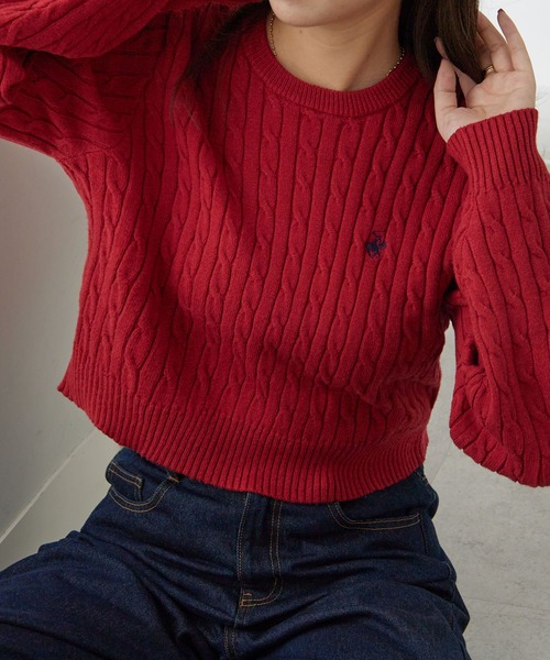 BEVERLY HILLS POLO CLUB(ビバリーヒルズポロクラブ)の「【BEVERLY HILLS POLO CLUB】ケーブル柄ショートニット(ニット/セーター・レディース・アイボリー/ネイビー/レッド・M)」の3枚目の写真