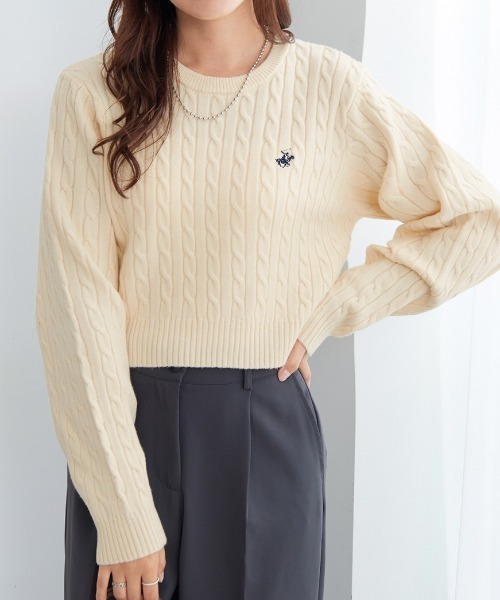 BEVERLY HILLS POLO CLUB(ビバリーヒルズポロクラブ)の「【BEVERLY HILLS POLO CLUB】ケーブル柄ショートニット(ニット/セーター・レディース・アイボリー/ネイビー/レッド・M)」の13枚目の写真
