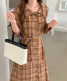 オンブレチェック柄前ボタンシャツ衿ワンピース