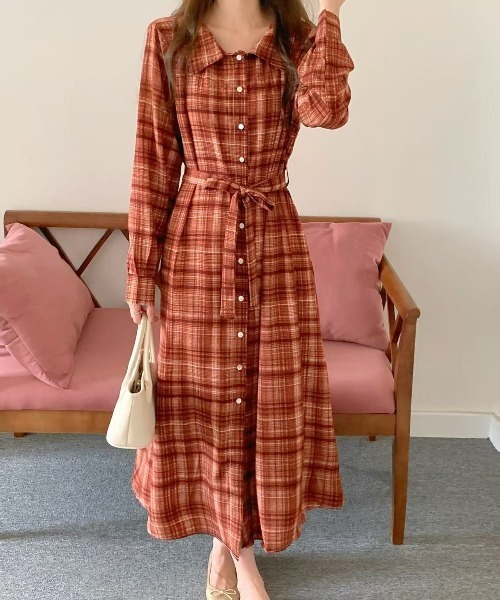 セール】オンブレチェック柄前ボタンシャツ衿ワンピース（ワンピース