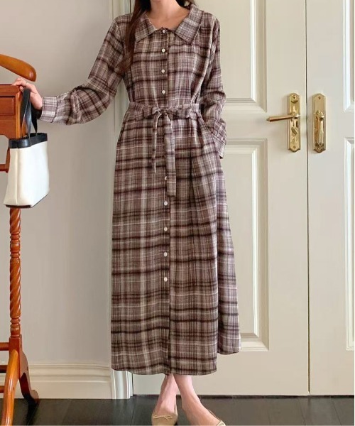 セール】オンブレチェック柄前ボタンシャツ衿ワンピース（ワンピース