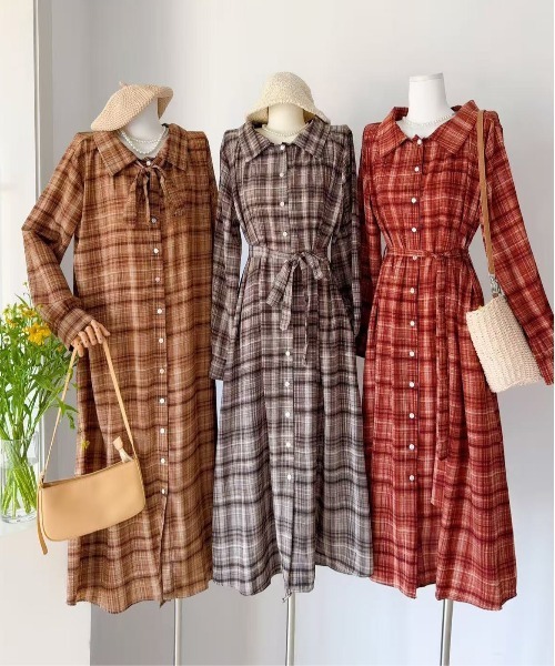 セール】オンブレチェック柄前ボタンシャツ衿ワンピース（ワンピース