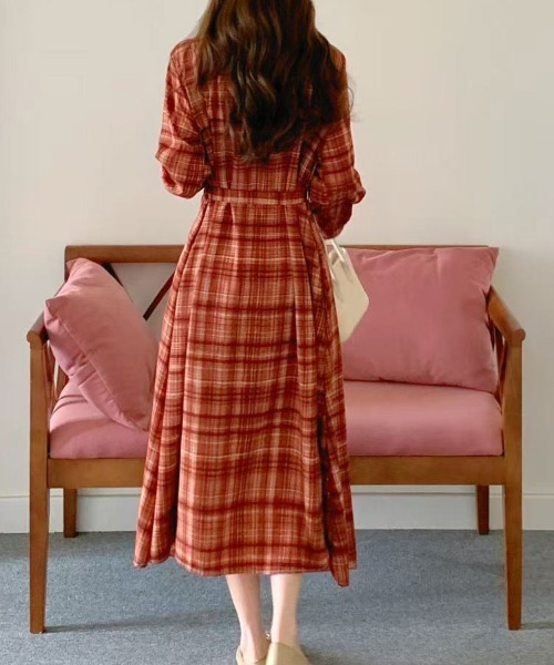 セール】オンブレチェック柄前ボタンシャツ衿ワンピース（ワンピース