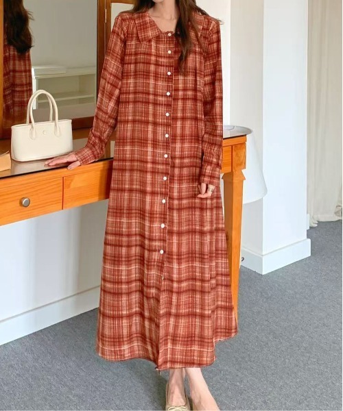 セール】オンブレチェック柄前ボタンシャツ衿ワンピース（ワンピース