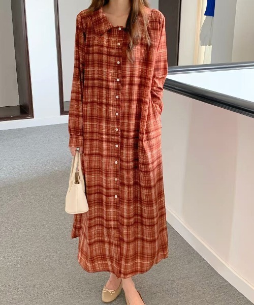 セール】オンブレチェック柄前ボタンシャツ衿ワンピース（ワンピース