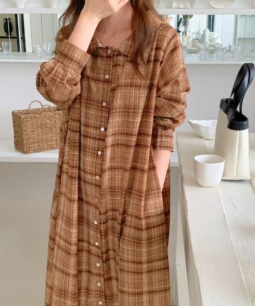 セール】オンブレチェック柄前ボタンシャツ衿ワンピース（ワンピース