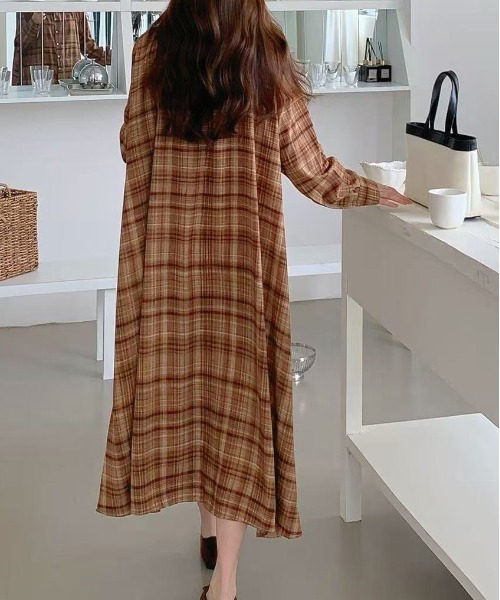 セール】オンブレチェック柄前ボタンシャツ衿ワンピース（ワンピース