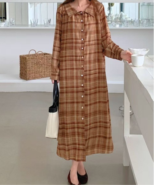 セール】オンブレチェック柄前ボタンシャツ衿ワンピース（ワンピース
