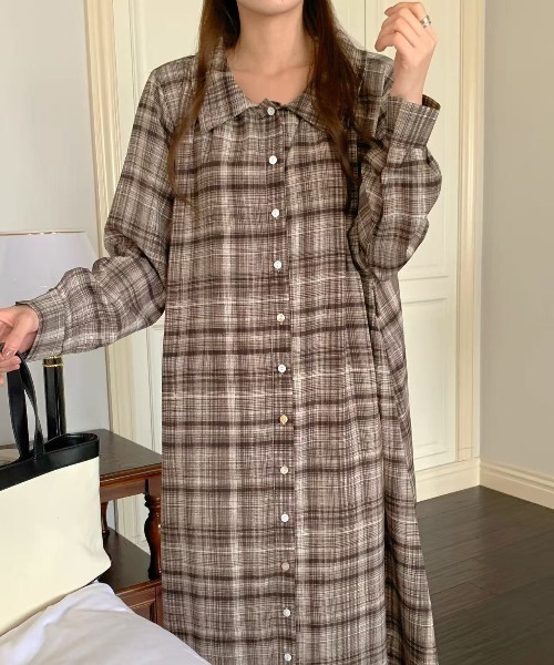 セール】オンブレチェック柄前ボタンシャツ衿ワンピース（ワンピース