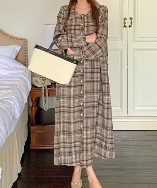 セール】オンブレチェック柄前ボタンシャツ衿ワンピース（ワンピース