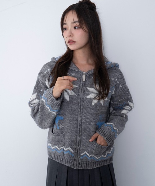 WEGO（ウィゴー）の「WEGO/雪柄ZIPフードカーディガン（カーディガン/ボレロ・レディース・グレー/ブラック・FREE）」の2枚目の写真