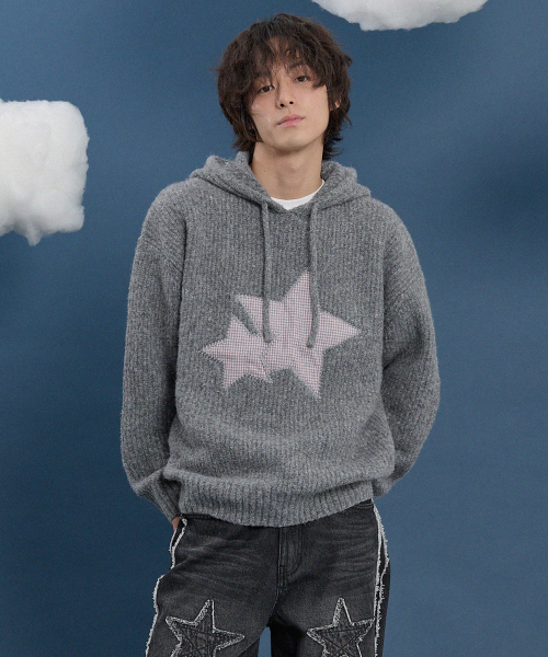 WaiKei（ワイケイ）の「ビッグスターチェックアップリケフードニットグレー（ニット/セーター・レディース・その他・1/2）」の6枚目の写真