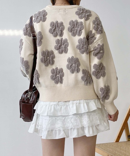 AS KNOW AS plus（アズノゥアズプラス）の「♪選べるモチーフ(フラワー柄・ダマスク柄)デザイン モールニットプルオーバー（ニット/セーター・レディース・ブラック系/ライトグレー系/アイボリー系/ブラウン系・FREE）」の7枚目の写真