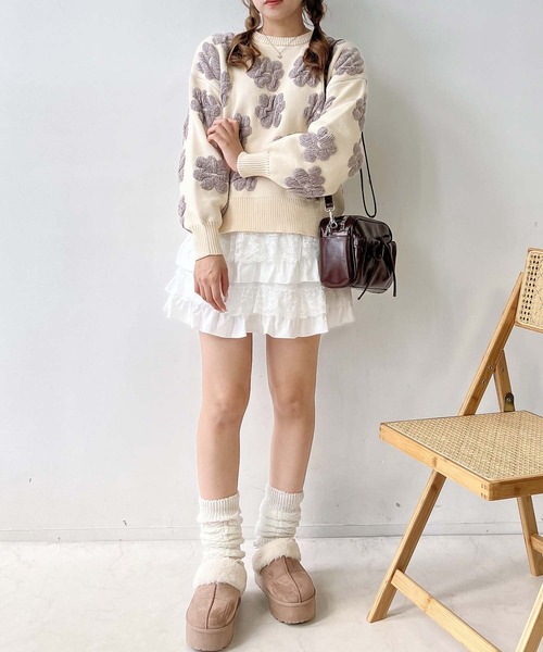 AS KNOW AS plus（アズノゥアズプラス）の「♪選べるモチーフ(フラワー柄・ダマスク柄)デザイン モールニットプルオーバー（ニット/セーター・レディース・ブラック系/ライトグレー系/アイボリー系/ブラウン系・FREE）」の9枚目の写真