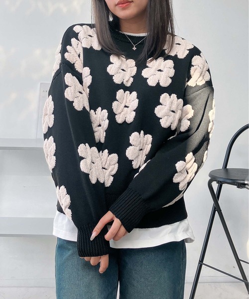AS KNOW AS plus（アズノゥアズプラス）の「♪選べるモチーフ(フラワー柄・ダマスク柄)デザイン モールニットプルオーバー（ニット/セーター・レディース・ブラック系/ライトグレー系/アイボリー系/ブラウン系・FREE）」の12枚目の写真