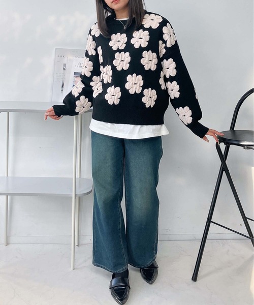 AS KNOW AS plus（アズノゥアズプラス）の「♪選べるモチーフ(フラワー柄・ダマスク柄)デザイン モールニットプルオーバー（ニット/セーター・レディース・ブラック系/ライトグレー系/アイボリー系/ブラウン系・FREE）」の15枚目の写真