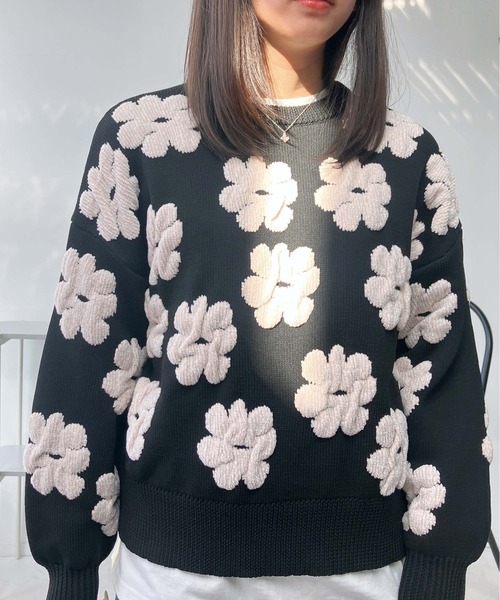 AS KNOW AS plus（アズノゥアズプラス）の「♪選べるモチーフ(フラワー柄・ダマスク柄)デザイン モールニットプルオーバー（ニット/セーター・レディース・ブラック系/ライトグレー系/アイボリー系/ブラウン系・FREE）」の14枚目の写真