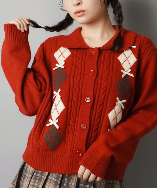 セール】今っぽ可愛い♪まる襟×アーガイルのガーリーカーディガン