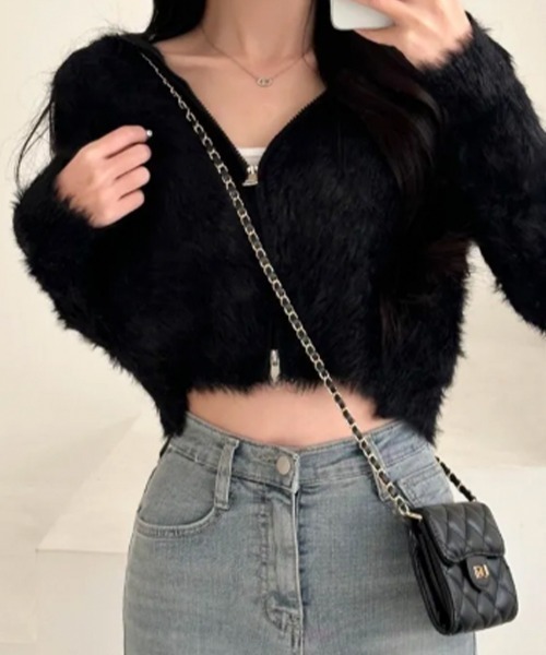 セール】ふわふわシャギー襟付き Wジップニットカーディガン（ニット