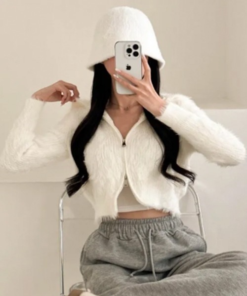 セール】ふわふわシャギー襟付き Wジップニットカーディガン（ニット