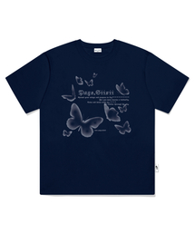 モザイクバタフライプリント半袖Tシャツネイビー