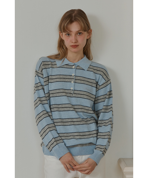 ANOETIC(アノエティック)の「ANC STRIPE COLLAR KNIT_SKY BLUE(ニット/セーター・レディース・スカイブルー・FREE)」の1枚目の写真
