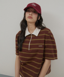 ボリュームスリーブストライプカラー半袖Tシャツ - ブラウン