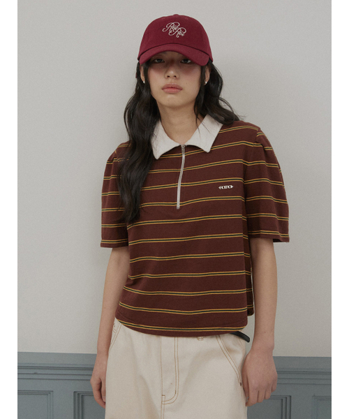 ROIROI（ロイロイ）の「ボリュームスリーブストライプカラー半袖Tシャツ - ブラウン（Tシャツ/カットソー・レディース・その他・FREE）」の2枚目の写真