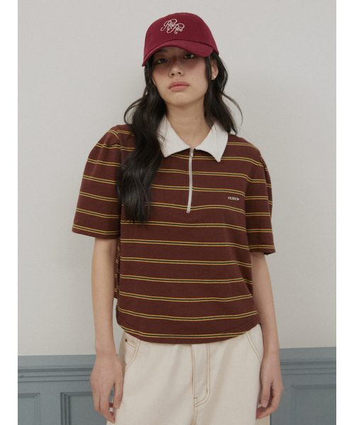 ROIROI（ロイロイ）の「ボリュームスリーブストライプカラー半袖Tシャツ - ブラウン（Tシャツ/カットソー・レディース・その他・FREE）」の3枚目の写真
