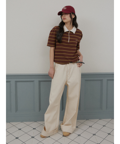 ROIROI（ロイロイ）の「ボリュームスリーブストライプカラー半袖Tシャツ - ブラウン（Tシャツ/カットソー・レディース・その他・FREE）」の4枚目の写真