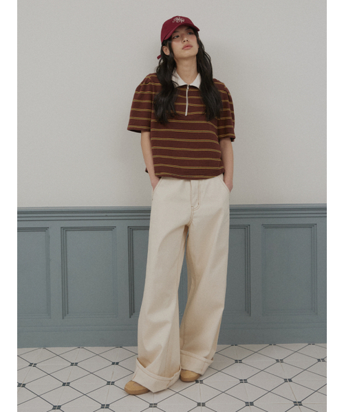 ROIROI（ロイロイ）の「ボリュームスリーブストライプカラー半袖Tシャツ - ブラウン（Tシャツ/カットソー・レディース・その他・FREE）」の5枚目の写真