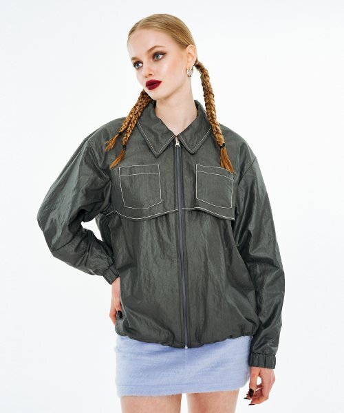 レイヤードステッチウィンドブレーカー[グレー]