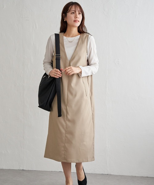 ikka(イッカ)の「【2点セット】ジャンパースカートセット(ジャンパースカート・レディース・ベージュ/ブラック/カーキ・L/M)」の2枚目の写真