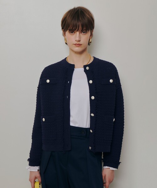 allureville(アルアバイル)の「ニットツイードジャケット(カーディガン/ボレロ・レディース・ネイビー/オフホワイト・2)」の1枚目の写真