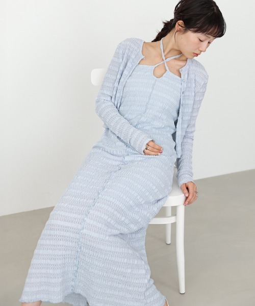 Bab(バブ)の「【選べるサイズ展開】配色メローカーディガン+ワンピースSET(ワンピース・レディース・ブラック/アイボリー/ブルー・M/S)」の1枚目の写真
