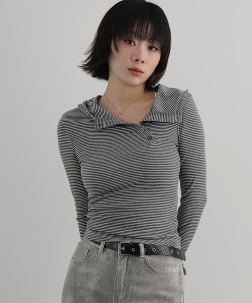 Ulysses(ユリシス)の「アシメデザインフード付きボーダーカットソー(Tシャツ/カットソー・レディース・ブラック/ライトグレー/ダークグレー・F)」の3枚目の写真