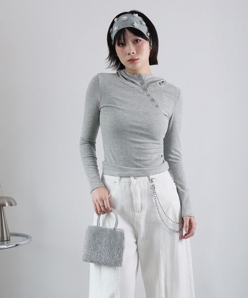 Ulysses(ユリシス)の「アシメデザインフード付きボーダーカットソー(Tシャツ/カットソー・レディース・ブラック/ライトグレー/ダークグレー・F)」の14枚目の写真