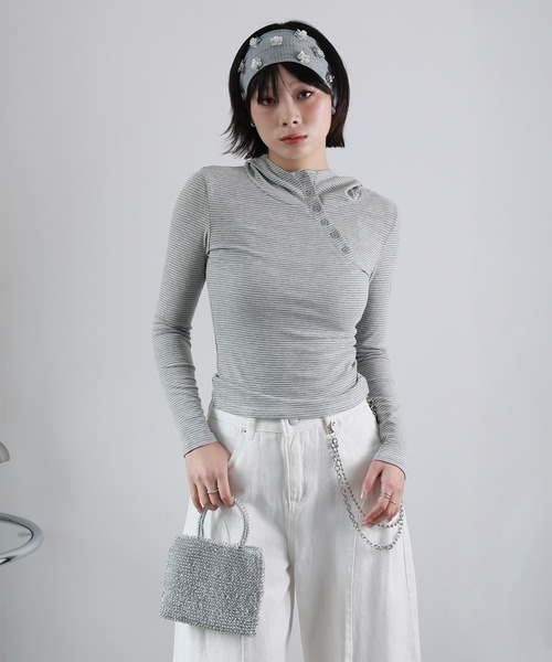 Ulysses(ユリシス)の「アシメデザインフード付きボーダーカットソー(Tシャツ/カットソー・レディース・ブラック/ライトグレー/ダークグレー・F)」の15枚目の写真