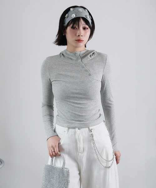 Ulysses(ユリシス)の「アシメデザインフード付きボーダーカットソー(Tシャツ/カットソー・レディース・ブラック/ライトグレー/ダークグレー・F)」の16枚目の写真