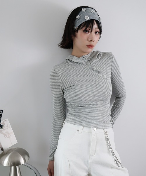 Ulysses(ユリシス)の「アシメデザインフード付きボーダーカットソー(Tシャツ/カットソー・レディース・ブラック/ライトグレー/ダークグレー・F)」の20枚目の写真