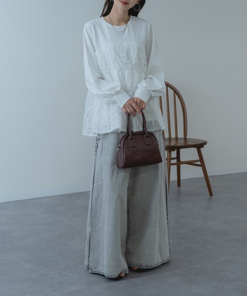 refinedworks(リファインドワークス)の「【refinedworks】異素材 ドッキング ペプラム シルエット プルオーバー(Tシャツ/カットソー・レディース・ホワイト/ブラック・FREE)」の6枚目の写真