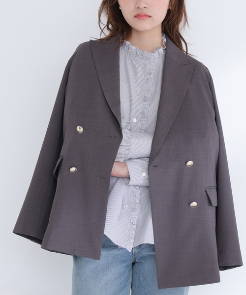 NATURAL BEAUTY BASIC(ナチュラルビューティーベーシック)の「◇リネンライクダブルブレストボクシージャケット(テーラードジャケット・レディース・チャコールグレー/ネイビー/ベージュ/ライトグリーン・MEDIUM/SMALL)」の1枚目の写真